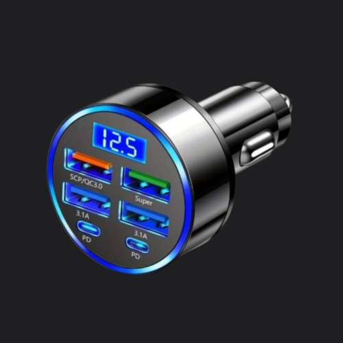 100W 6-in-1 Multi-Port Car Charger – Super Fast Charging with Digital Display