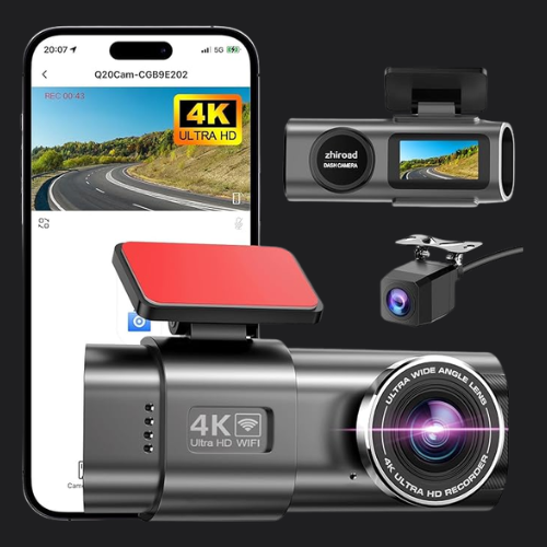 4K Dash Cam Front and Rear Dual Channel Dash Camera for Cars WiFi Dashcam with 64GB SD Card,Smart App Control,Super Night Vision WDR Time Lapse Parking Mode G-Sensor Loop Recording Support Max 256GB