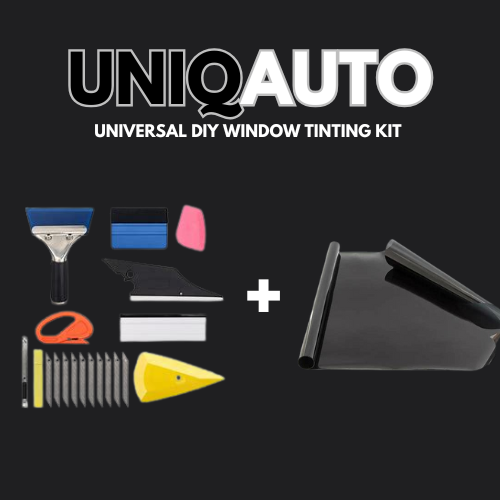 Product image for the UNIQAUTO Universal DIY Window Tinting Kit, showing various tools like squeegees, cutters, and blades on the left, and a large roll of dark window tinting film on the right, all against a dark background.