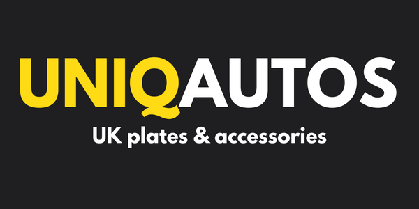 Logo for UNIQAUTOS, featuring the text 'UNIQ' in yellow and 'AUTOS' in white, with a small yellow letter 'Q'. The tagline 'UK Plates & Accessories' is below in white, all on a solid black background